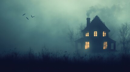 Obraz premium Mysterious Foggy House at Night - Spooky Landscape