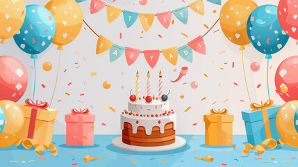 Colorful Birthday Celebration with Cake, Balloons, and Gifts..