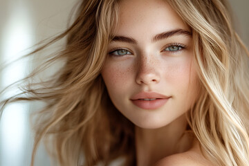 Fototapeta premium Close-up portrait of a young beautiful blonde girl.