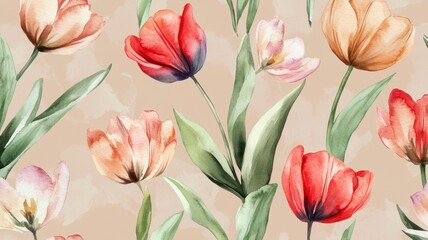 Obraz premium Watercolor colorful tulips pattern and seamless background,watercolor spring tulip flowers. Stock illustration,beautiful floral set,cute illustration print fabric,abstract colorful wallpaper.