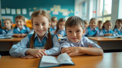 Obraz premium the group schoolboy and schoolgirl sitting at the desk, smiling, looking at the camera during the lesson