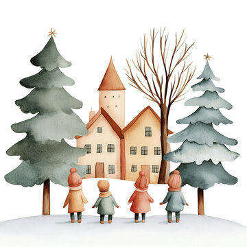 watercolor winter village scene with children clip art preview