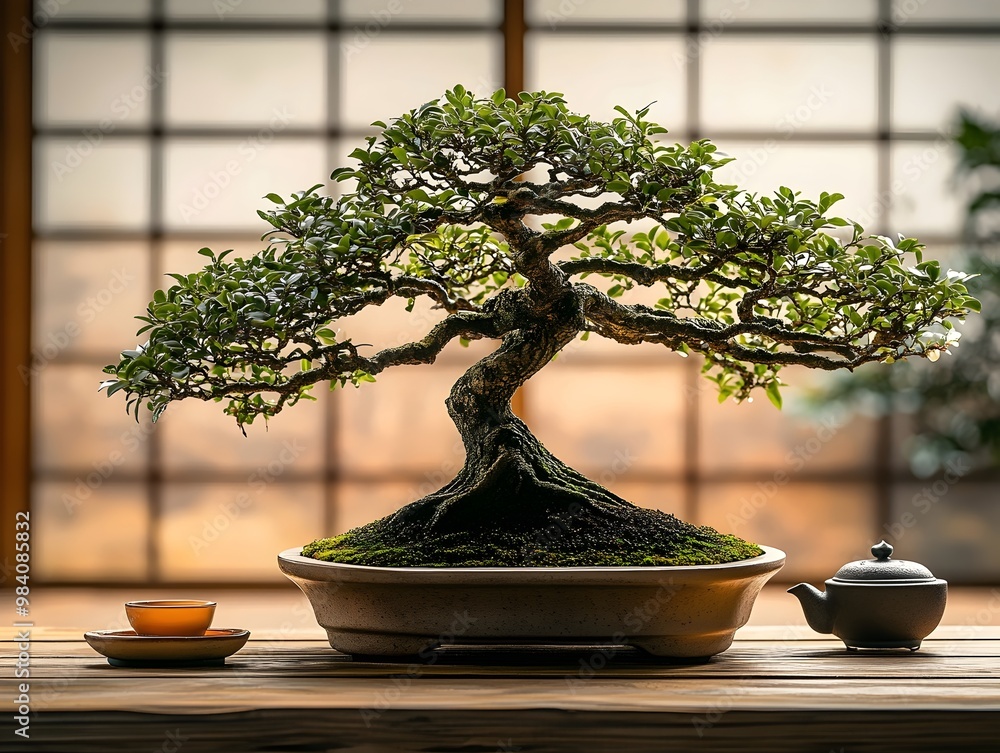 Poster a bonsai tree with intricate branches and green leaves sits on a wooden table in front of a window, 