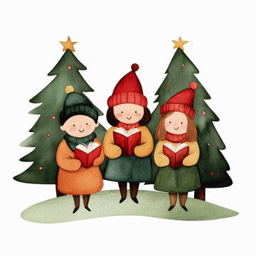kids singing christmas carols watercolor clip art preview