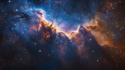 Fototapeta premium A breathtaking view of a nebula, a vast cloud of gas and dust in space, with glowing orange and blue hues against a backdrop of twinkling stars.