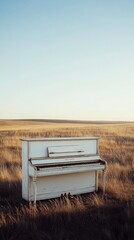 A piano is sitting in a field of tall grass