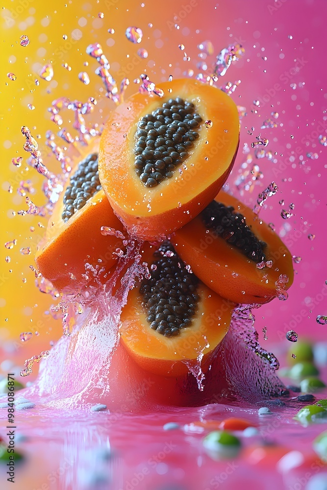 Poster sliced papaya halves splash into a pool of water, creating a vibrant and refreshing scene.