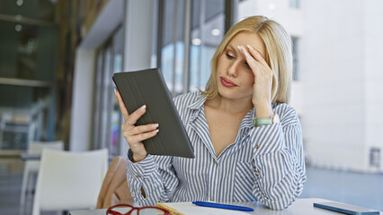 A stressed young woman holding a tablet outdoor on a street, with a headache and urban backdrop. © Krakenimages.com