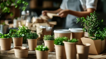 A dynamic shot of a green business creating biodegradable products, with a focus on eco-friendly packaging
