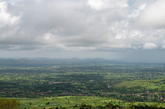 Kolhapur , India - 8 September 2024 Top angle view developed village modern village from  Panhala fort at Kolhapur Maharashtra India