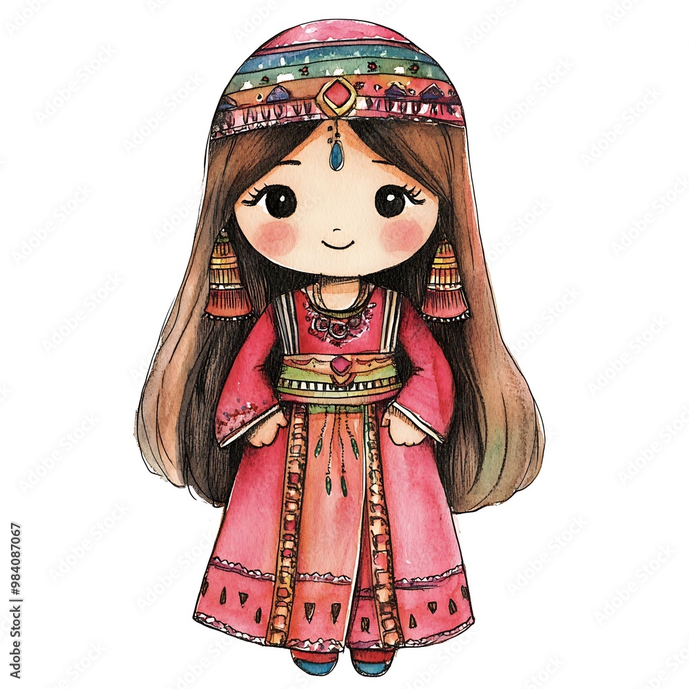 Canvas Prints Watercolor Illustration of a Cute Girl in Traditional Middle Eastern Dress.