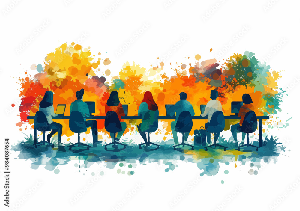 Poster creative team collaboration online concept with vibrant colors in minimalistic vector style showing 