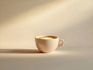 A cup of latte art coffee with a heart design, sitting on a white table with soft light.