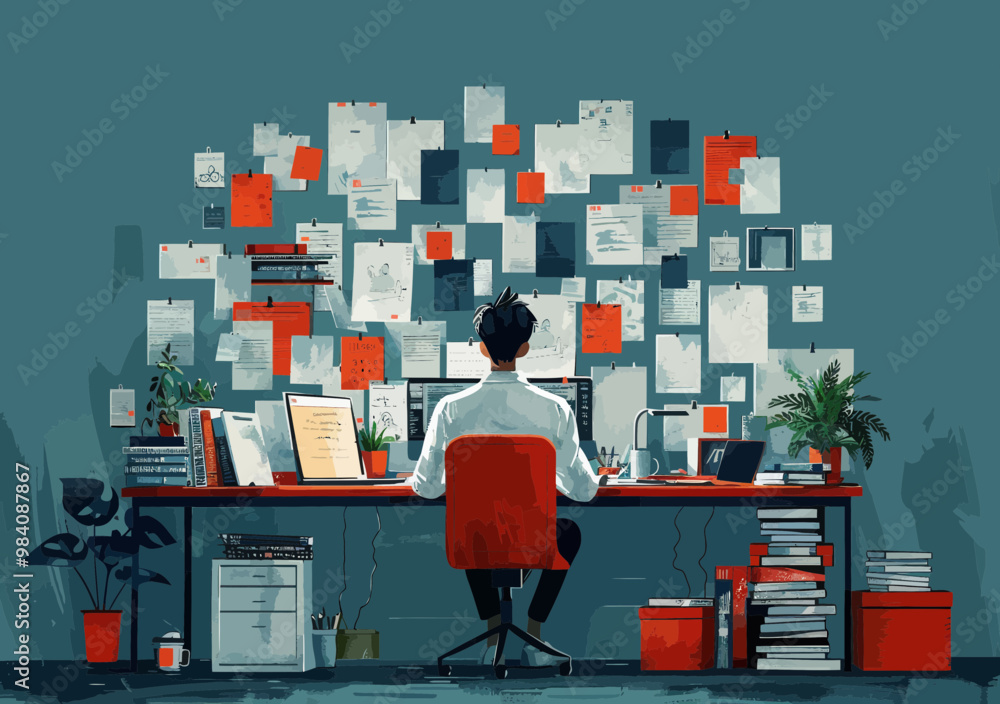 Poster multitasking manager at workstation with multiple screens and notes in office setting business conce