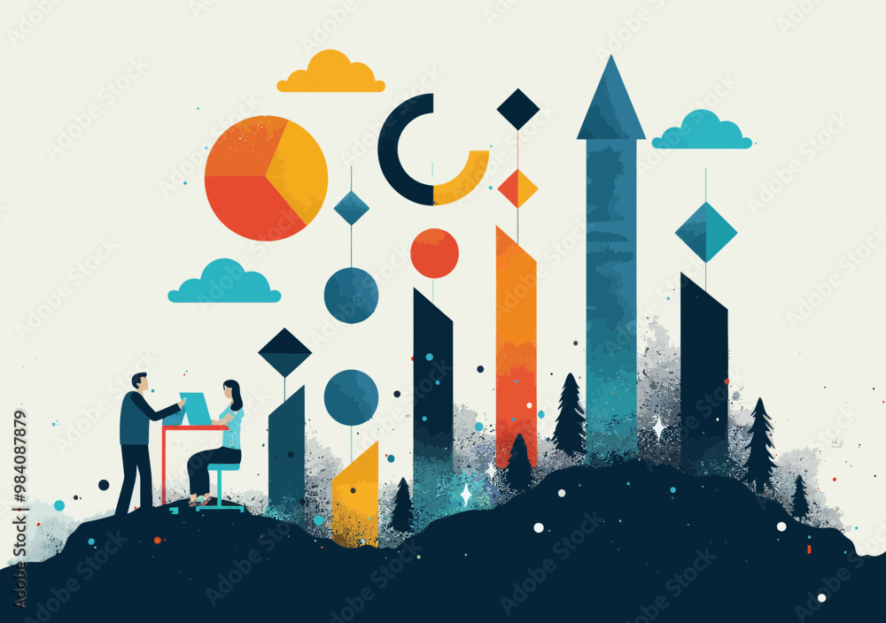 Poster collaborative business strategy and teamwork for growth with abstract graphs and charts in vector il