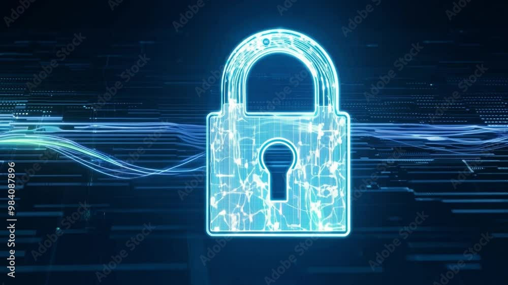Aufkleber A glowing digital lock floats above a network interface, illustrating concepts of cybersecurity and data protection in a high-tech environment.