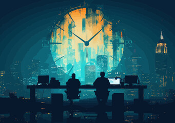 Busy Sales Team Working Late at Night Against an Urban Skyline with Giant Clock, Vector Illustration of Non-Stop Business Operations and Time Management
