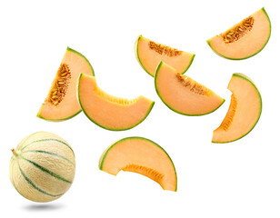 flying sliced cantaloupe melon isolated on white background. clipping path
