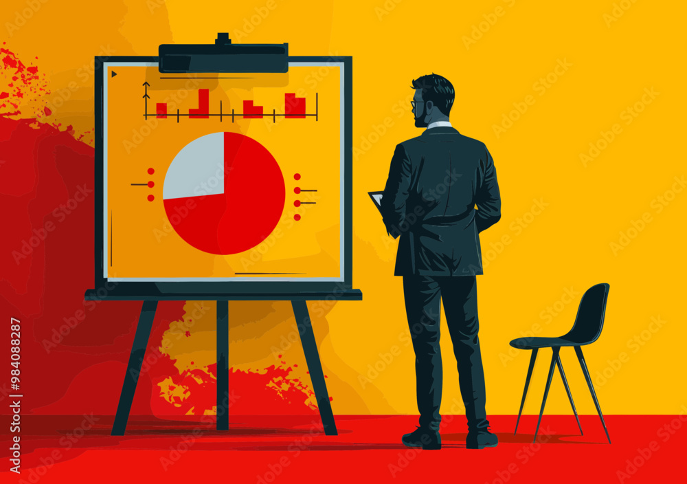Poster team leader presenting business goals on flipchart with pie chart and bar graph, minimalistic vector