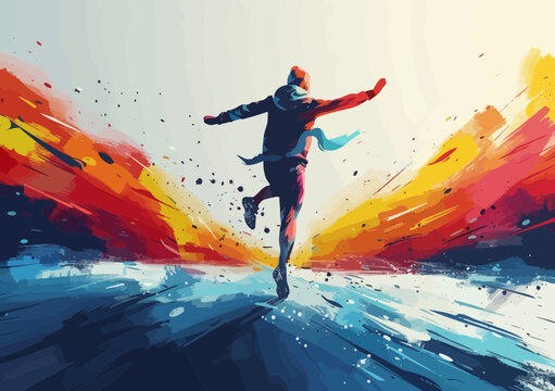 Triumphant Runner Crossing Finish Line in Abstract Art Depiction of Victory, Achievement, and Success, Colorful Business Concept Illustration
