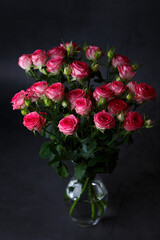 Obraz premium Beautiful bouquet of pink (red) roses bushes on a black background. Selective focus, close-up.