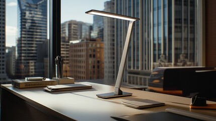 Sleek desk lamp with wireless charging illuminates a modern workspace in a city office setting