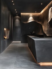 A black room with a fireplace and a counter