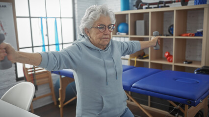 Senior woman exercising with dumbbells in rehab clinic interior.