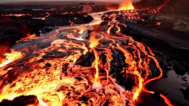 survol par drone d'un paysage de volcan en &eacute;ruption au ralenti de jaillissements de lave et des &eacute;claboussures sur l'objectif, captur&eacute; dans un &eacute;clairage cin&eacute;matographique
