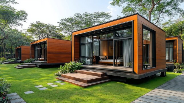 Sleek modular tiny home community with identical houses surrounded by greenery in warm sunlight