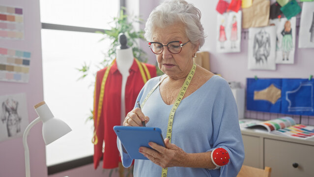 Elderly woman tailor in a design studio intently using a tablet, surrounded by mannequin and sewing materials.