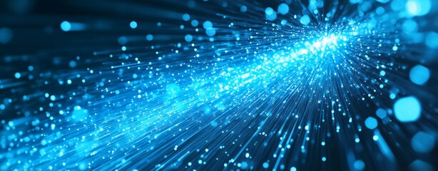 Digital Blue Light Fibers Accelerating. Dynamic blue optical fibers emitting light, representing high-speed data transfer and connectivity.

