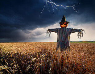 A spooky scarecrow stands in a lightning-lit field during a Halloween storm, creating an eerie atmosphere