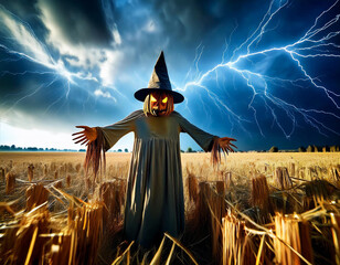 A spooky scarecrow stands in a lightning-lit field during a Halloween storm, creating an eerie atmosphere