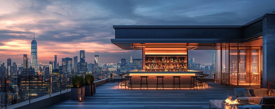 An urban rooftop bar with a facade of fire-resistant fiber cement siding, ensuring safety and style with a panoramic view of the city skyline