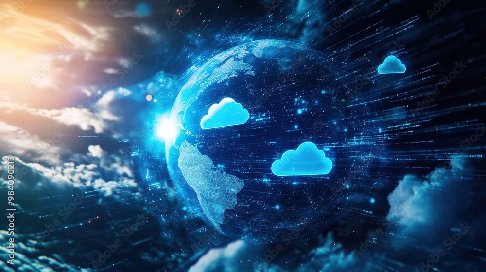 Poster a computer-generated image of a planet with a blue cloud surrounding it. the planet is the main focu