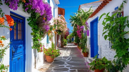 Beautiful colorful flower street with white houses and blue doors in a European city. Greece, floral for background.