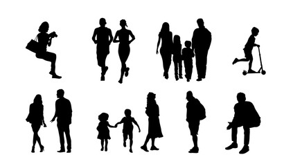 Black silhouettes of people in everyday situations, including individuals sitting, running, a family, a boy on a scooter, a couple in love, children holding hands, and a seated man