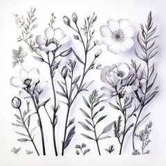 Botanical study on a white background - flowers and leaves