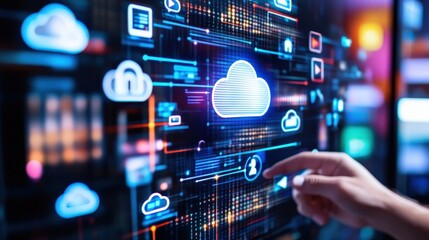 A hand is pointing at a cloud on a computer screen