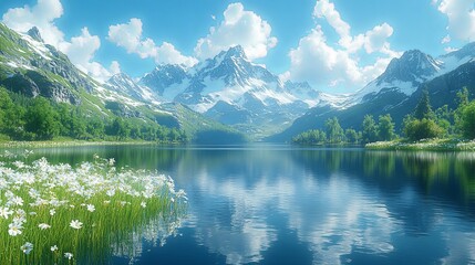 Fototapeta premium Serene Mountain Lake with Lush Greenery and Clouds