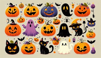 Halloween icons set. Halloween Pumpkins collection in scary.