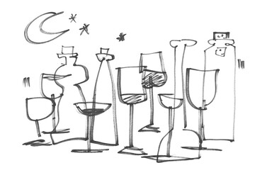 Drink symbols, hand draw black felt tip pen, isolated on white