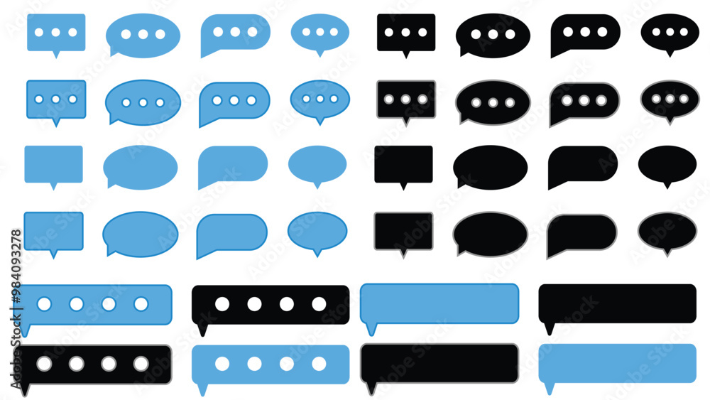 Poster A collection of speech bubbles in various styles and colors, including blue and black, showcasing different shapes and designs for communication. These elements can enhance visual storytelling and dig