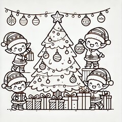 Fototapeta premium A simple line drawing of cheerful elves decorating a large Christmas tree. The elves are wearing Santa hats and winter outfits, holding presents 300dpi