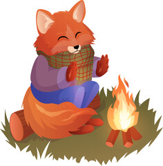 Vector illustration of a cozy fox wrapped in a plaid scarf, sitting beside a small campfire and warming its paws. Perfect for autumn or woodland-themed designs, children s illustrations, seasonal