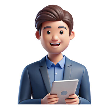 recommend clip art: 3D avatar of a smiling man with brown hair holding a tablet in business attire
                    