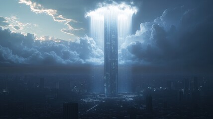 Fototapeta premium A futuristic tower emerges from the clouds, illuminated by a bright light, showcasing a blend of nature and advanced technology.