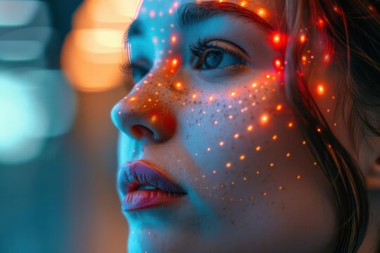 A young woman with glowing lights on her face looks up with a contemplative expression. The background is blurred with colorful lights.