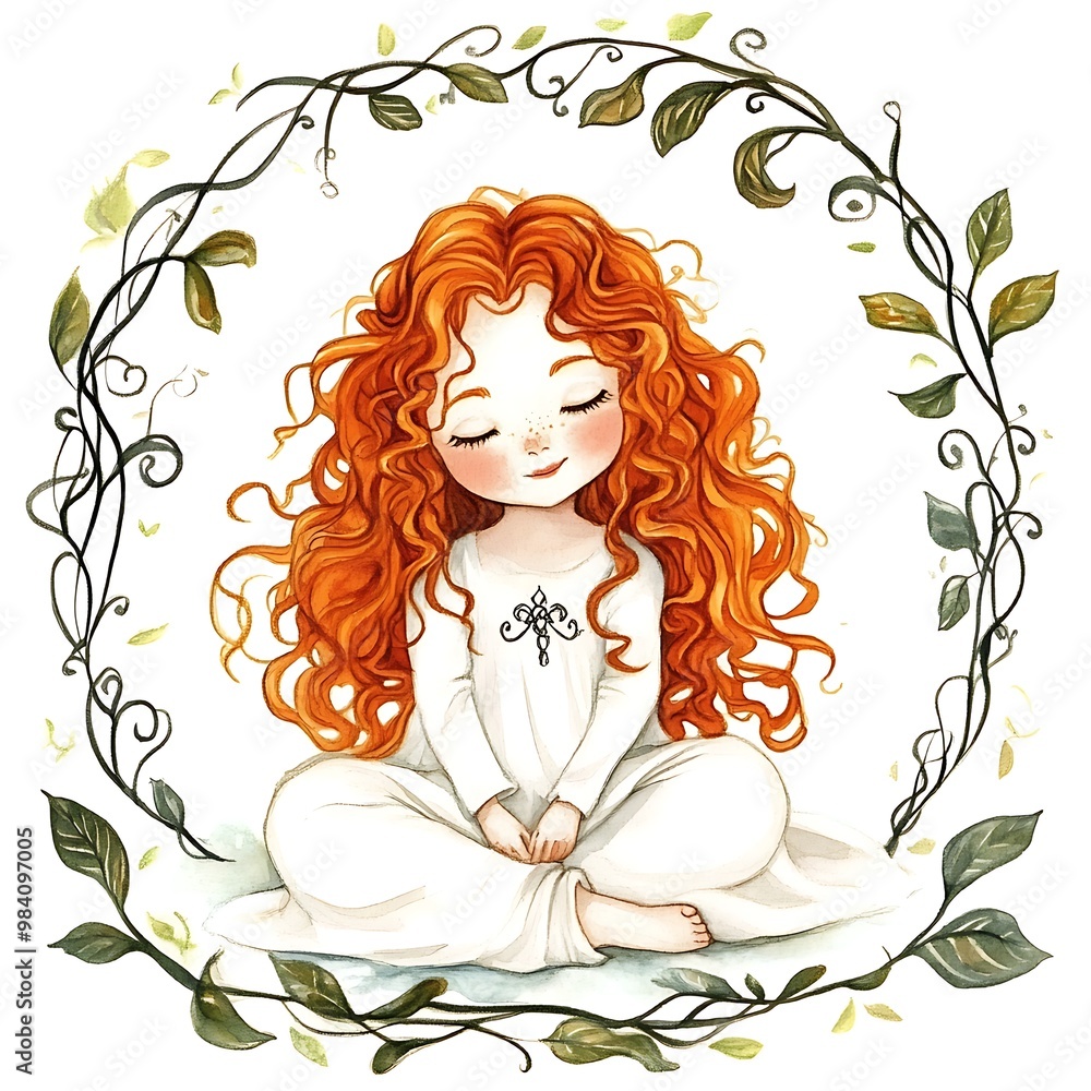 Canvas Prints Watercolor Illustration of a Girl with Red Hair and Freckles, Sitting in a Circle of Vines and Leaves.